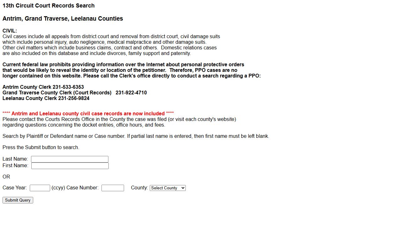 Leelanau County circuit court records search form after jail arrest