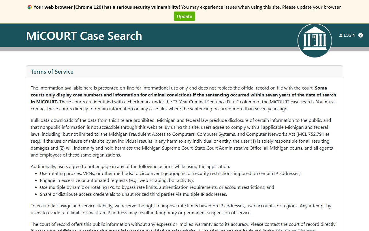 Leelanau County court records after arrest MiCOURT D86 search screen
